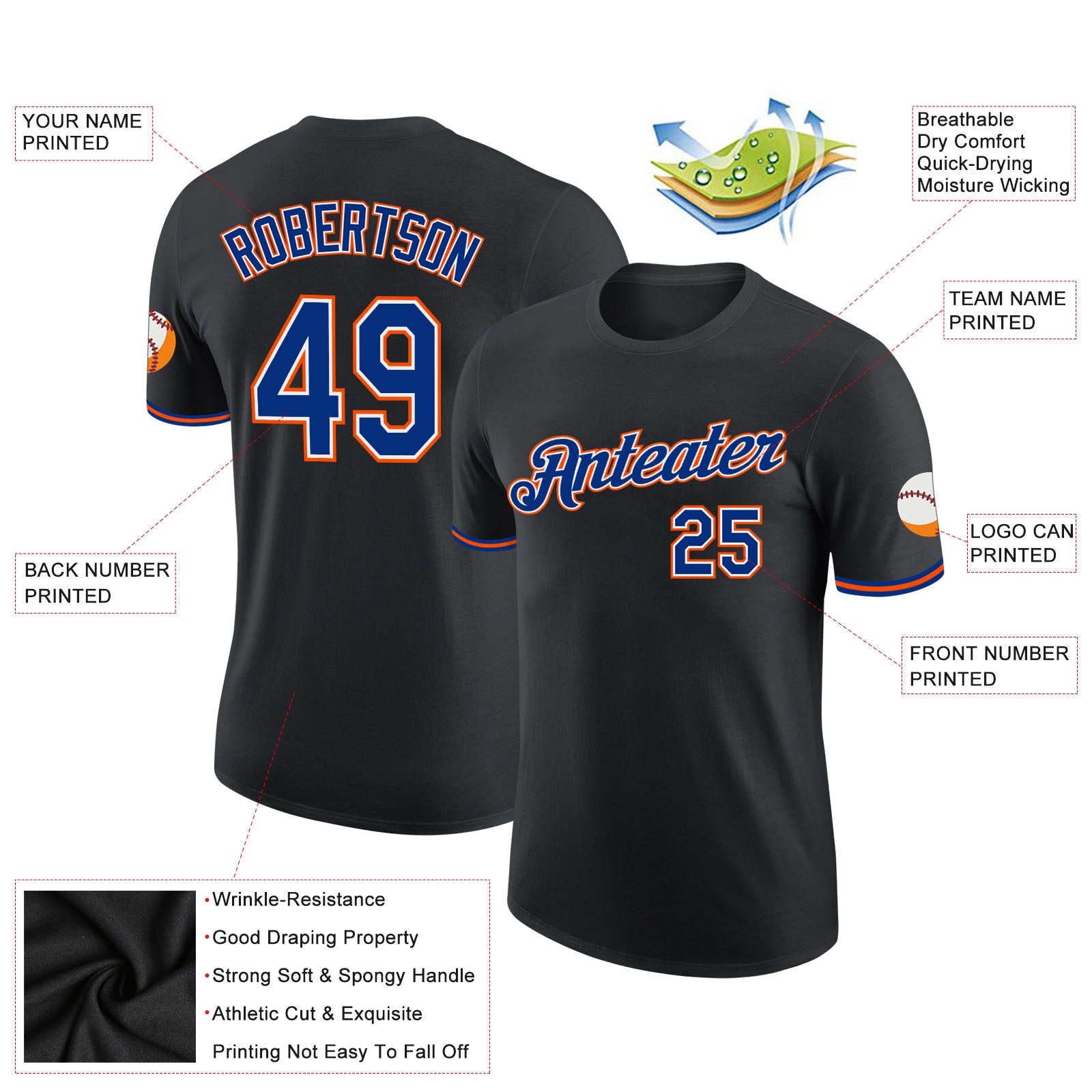 Custom Black Royal-Orange Performance T-Shirt view 2