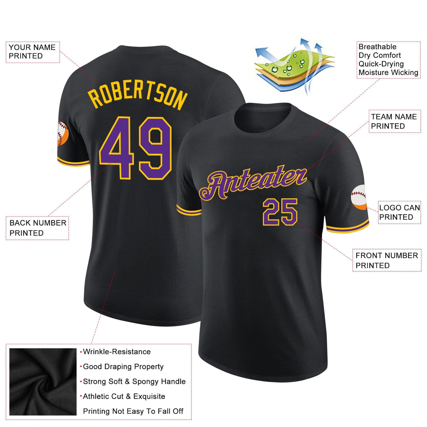 Custom Black Purple-Gold Performance T-Shirt view 2