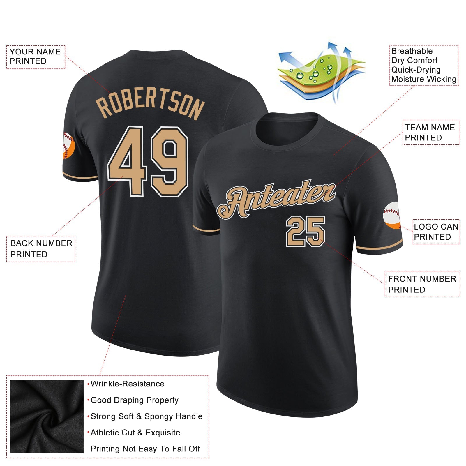 Custom Black Old Gold-White Performance T-Shirt view 2