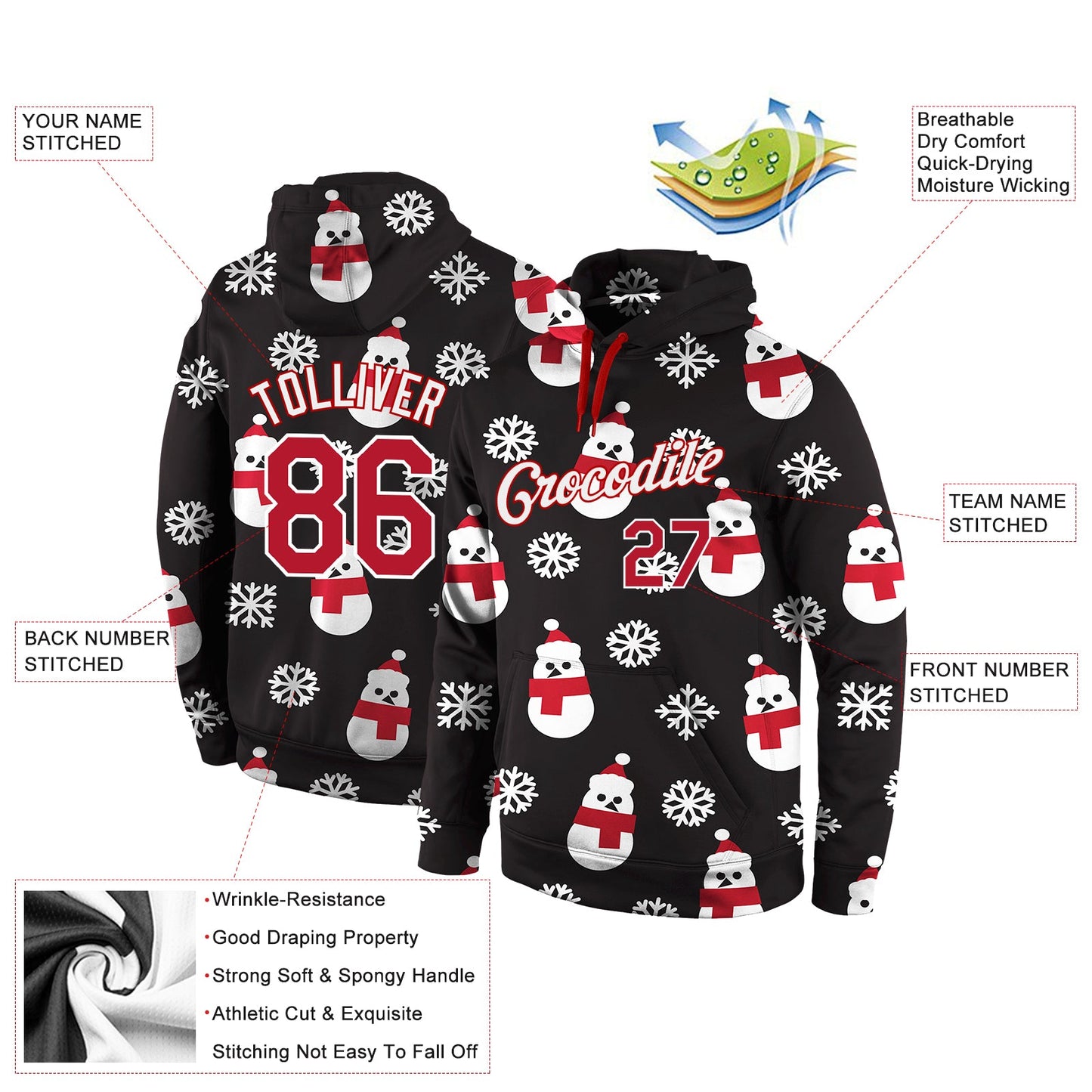 Custom Stitched Black Red-White Christmas 3D Sports Pullover Sweatshirt Hoodie view 4