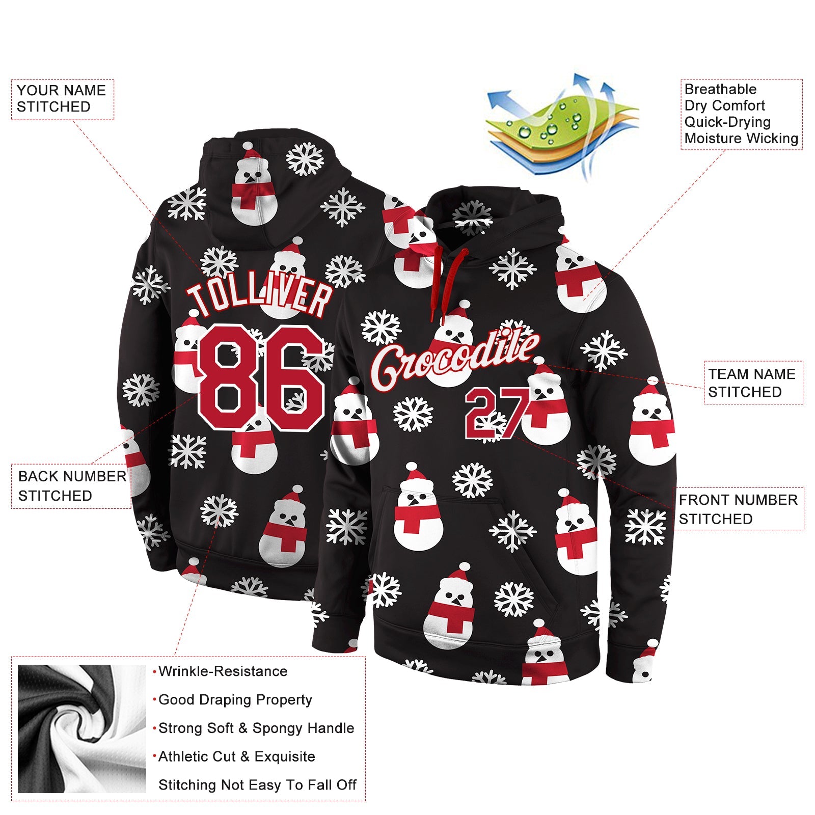 Custom Stitched Black Red-White Christmas 3D Sports Pullover Sweatshirt Hoodie view 4