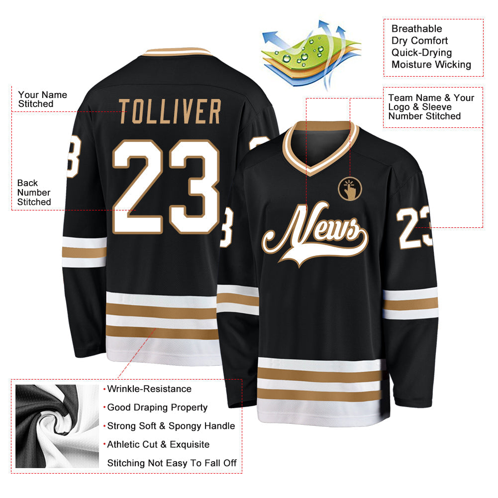Custom Black White-Old Gold Hockey Jersey view 2