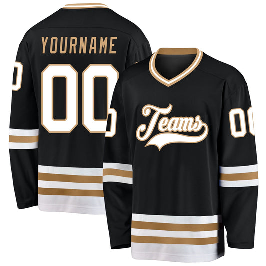 Custom Black White-Old Gold Hockey Jersey - Main View