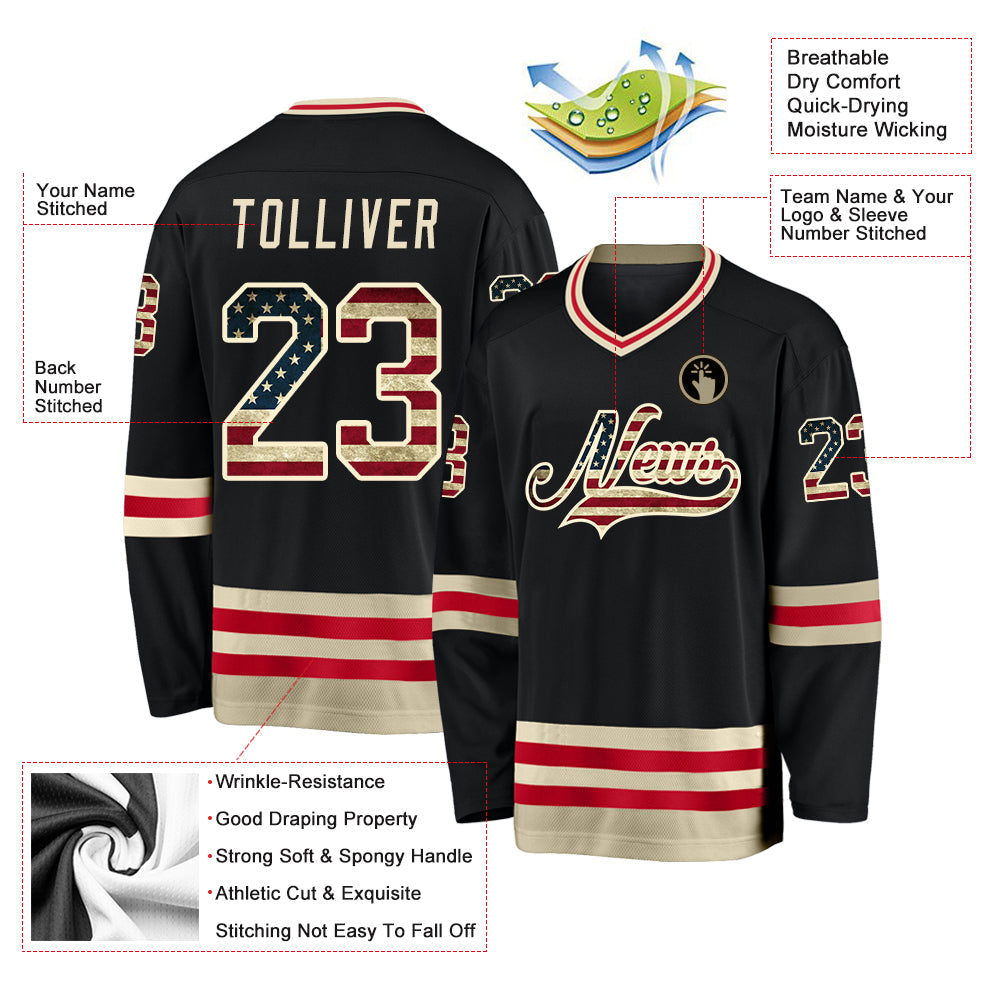 Custom Black Vintage USA Flag-Cream Hockey Jersey view 3