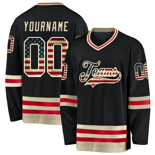 Custom Black Vintage USA Flag-Cream Hockey Jersey - Main View
