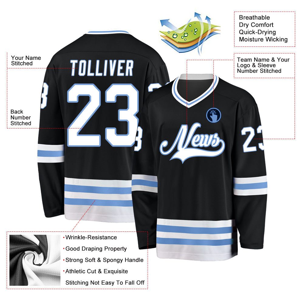 Custom Black White-Light Blue Hockey Jersey view 2