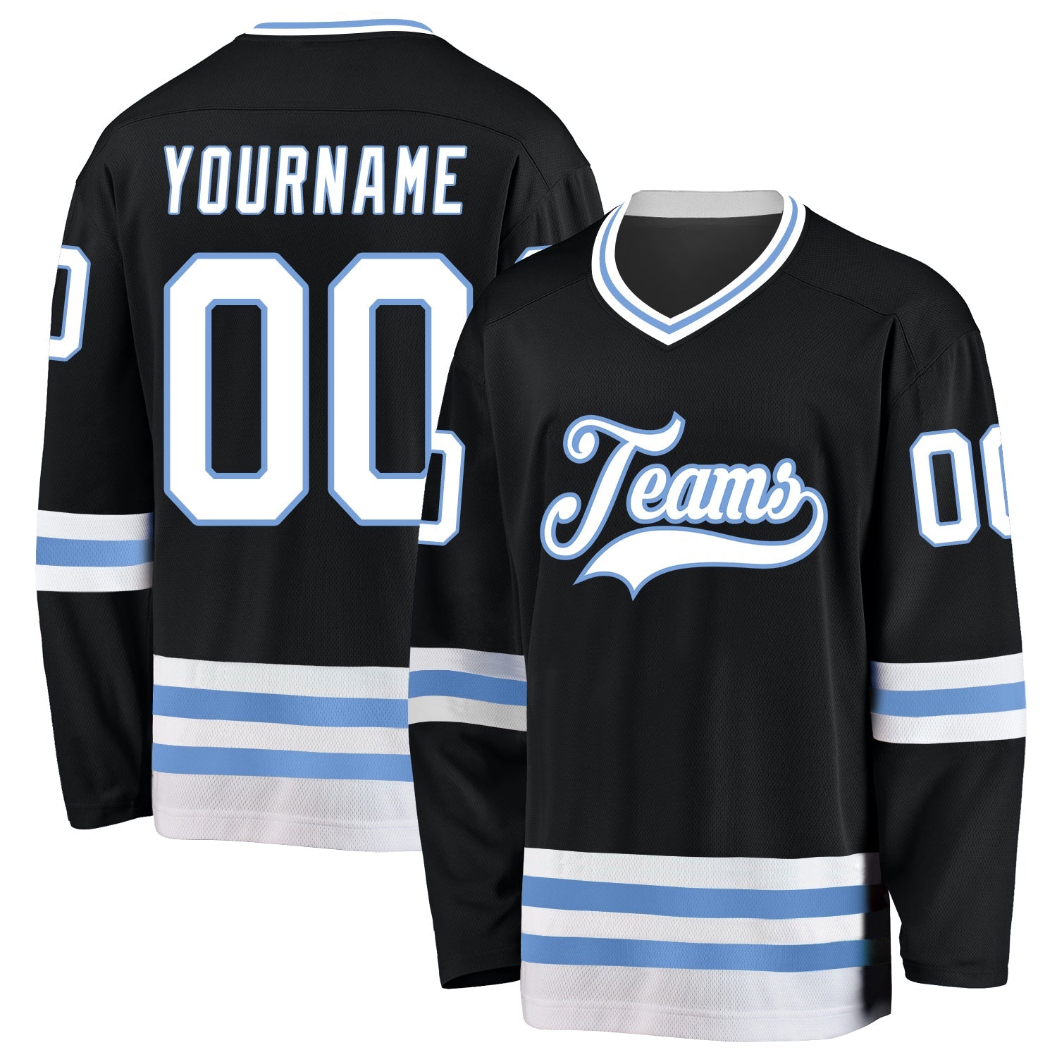 Custom Black White-Light Blue Hockey Jersey - Main View
