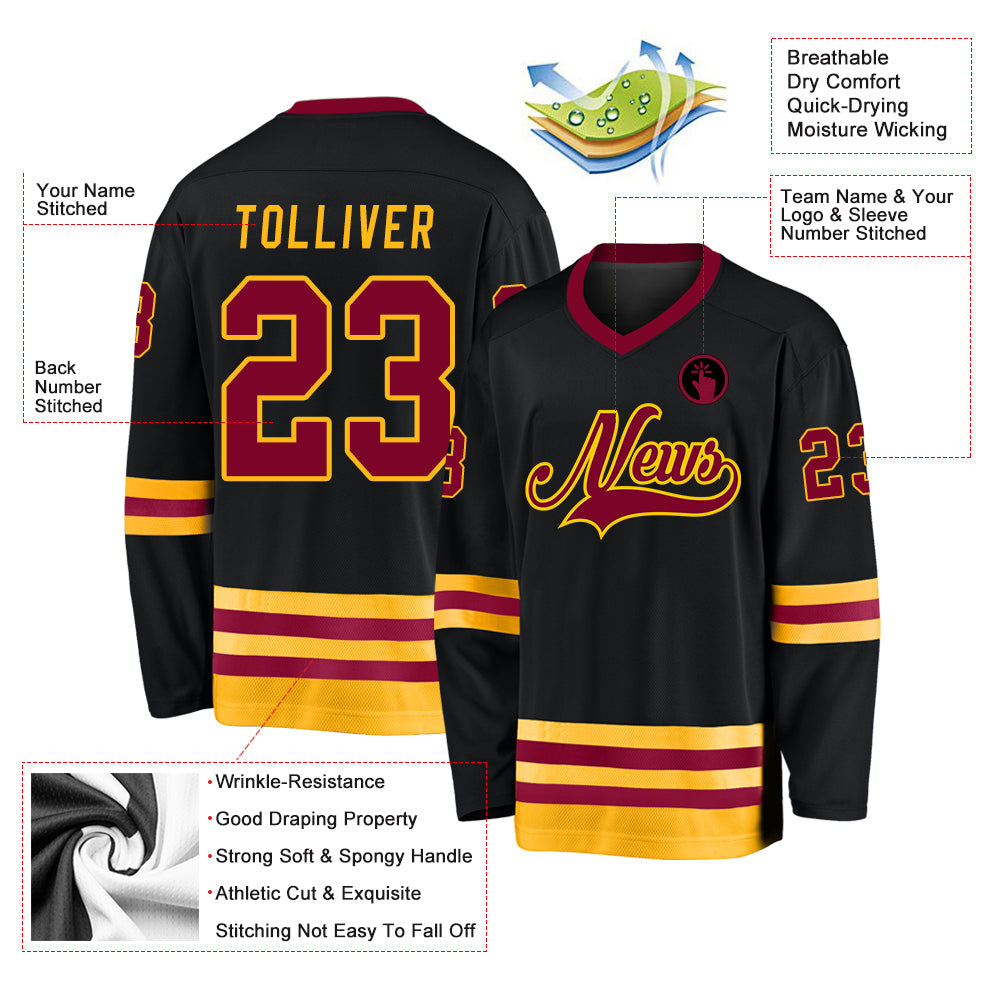 Custom Black Maroon-Gold Hockey Jersey view 2