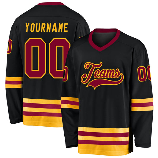 Custom Black Maroon-Gold Hockey Jersey - Main View