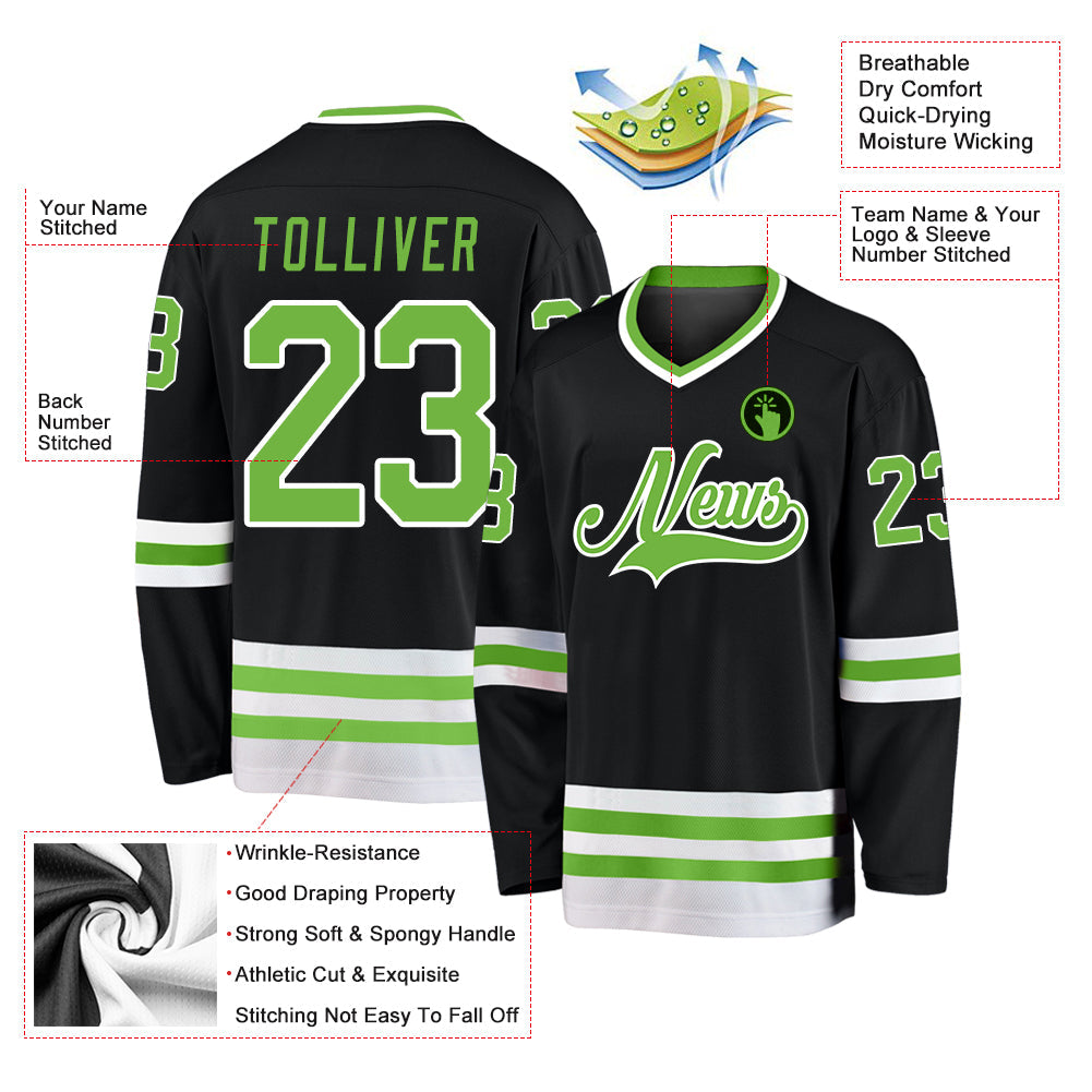 Custom Black Neon Green-White Hockey Jersey view 2