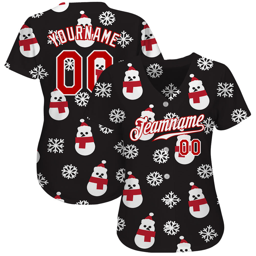 Custom Black Red-White Christmas 3D Authentic Baseball Jersey view 2