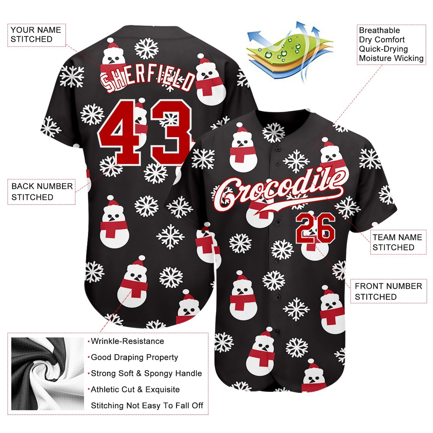Custom Black Red-White Christmas 3D Authentic Baseball Jersey view 3