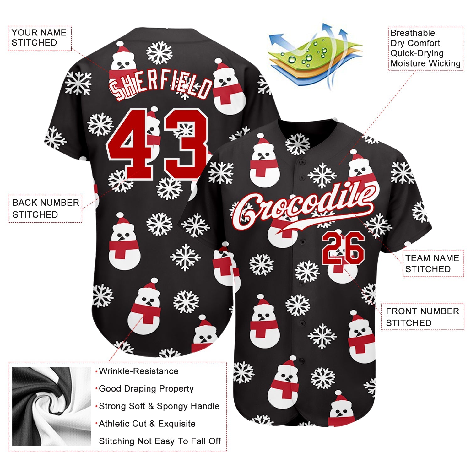 Custom Black Red-White Christmas 3D Authentic Baseball Jersey view 3
