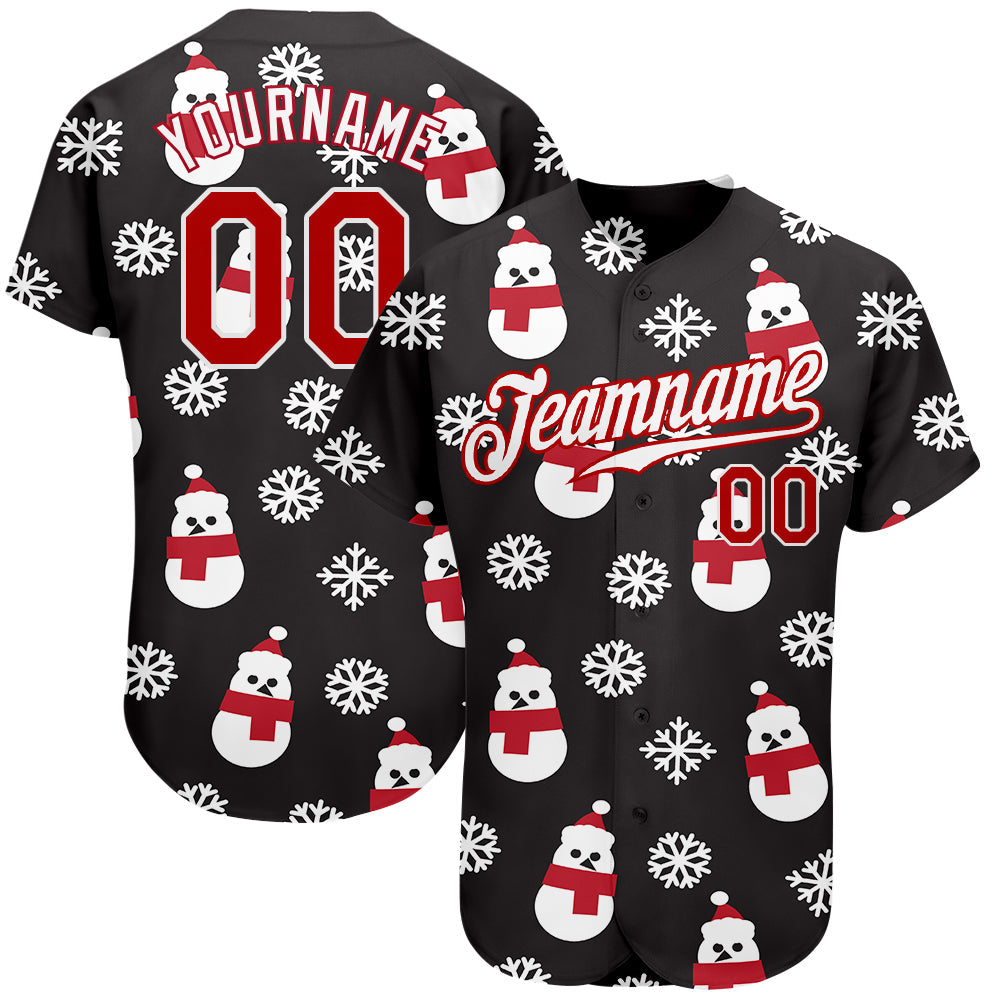 Custom Black Red-White Christmas 3D Authentic Baseball Jersey - Main View