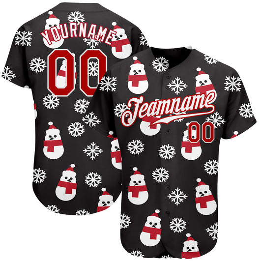 Custom Black Red-White Christmas 3D Authentic Baseball Jersey - Main View