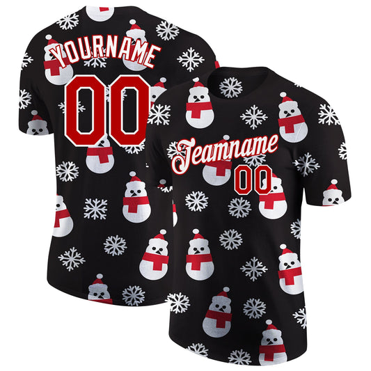 Custom Black Red-White Christmas 3D Performance T-Shirt - Main View