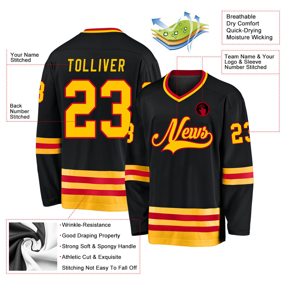 Custom Black Gold-Red Hockey Jersey view 2