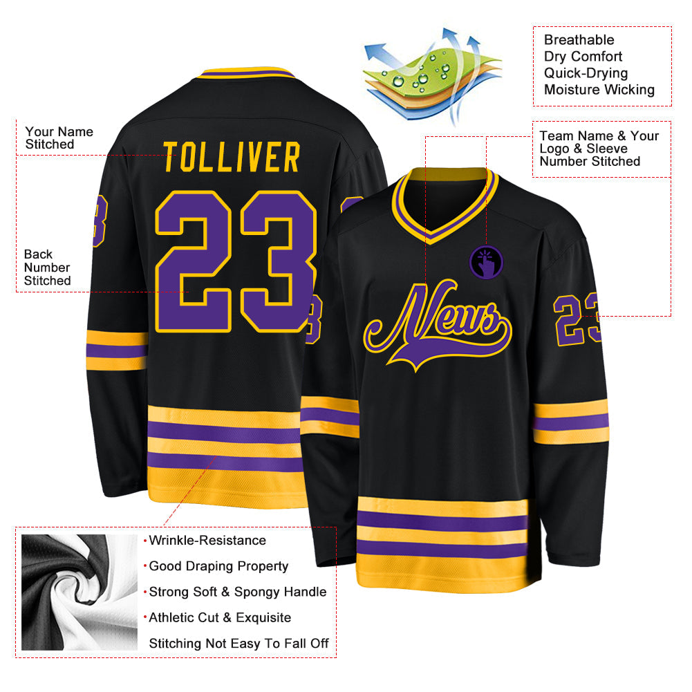 Custom Black Purple-Gold Hockey Jersey view 2