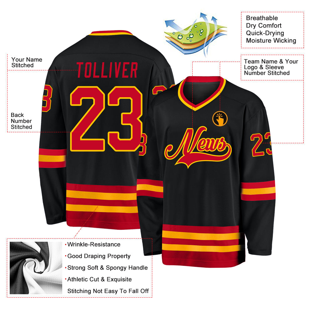 Custom Black Red-Gold Hockey Jersey view 2