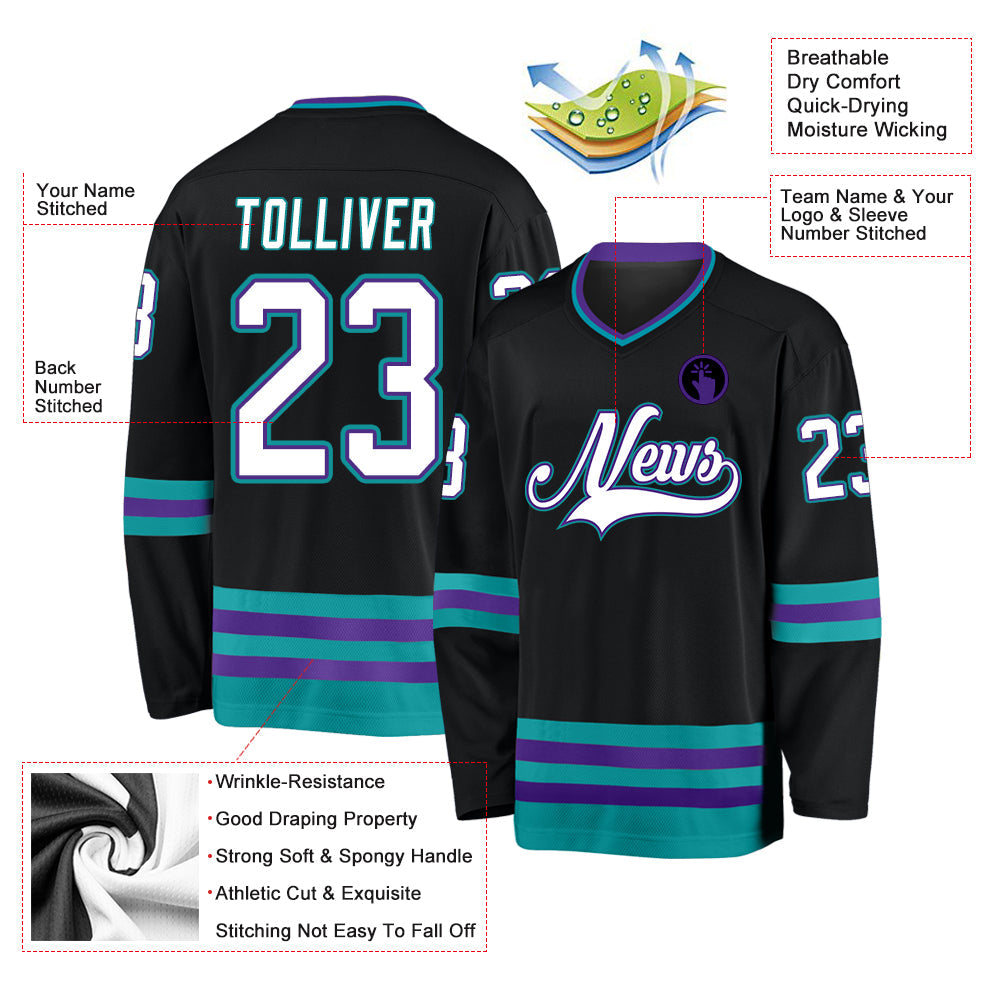 Custom Black White-Teal Hockey Jersey view 2