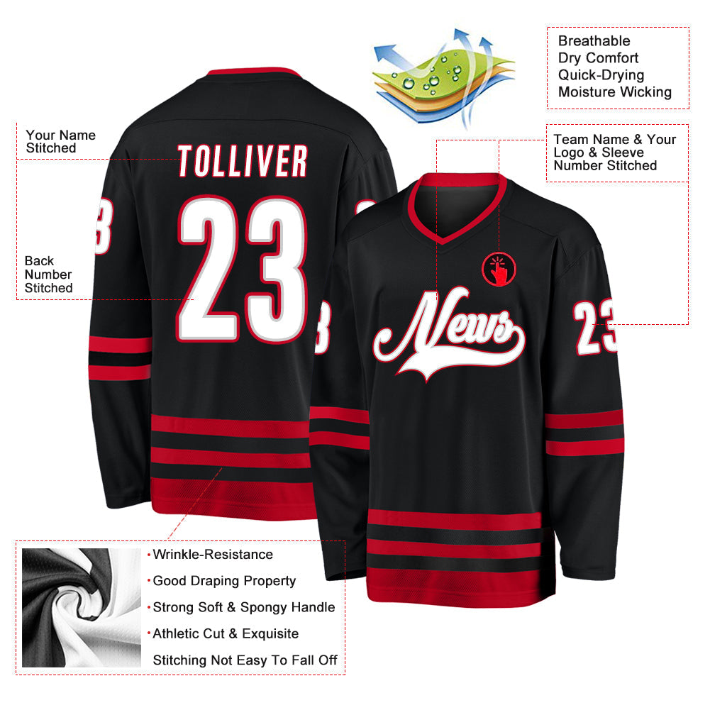Custom Black White-Red Hockey Jersey view 2