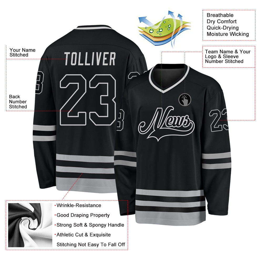 Custom Black Black-Gray Hockey Jersey view 2