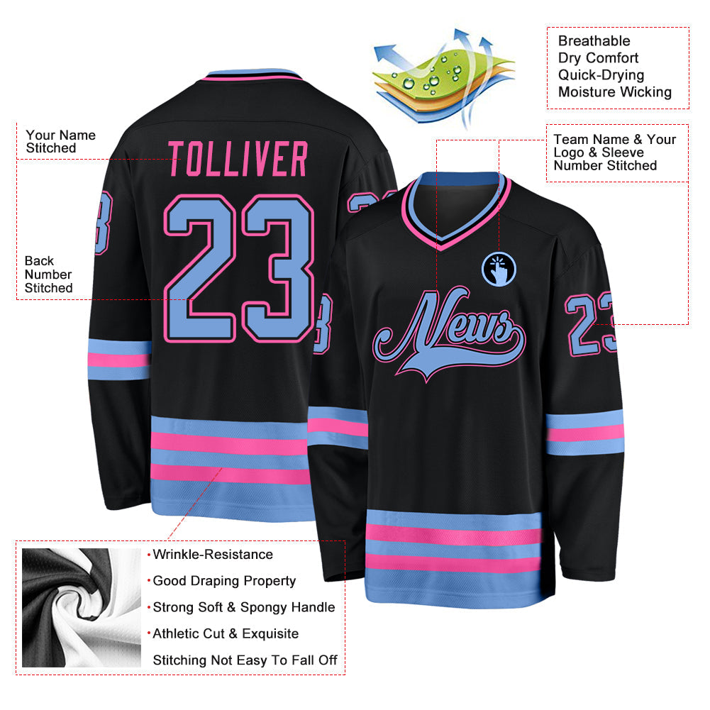 Custom Black Light Blue-Pink Hockey Jersey view 2