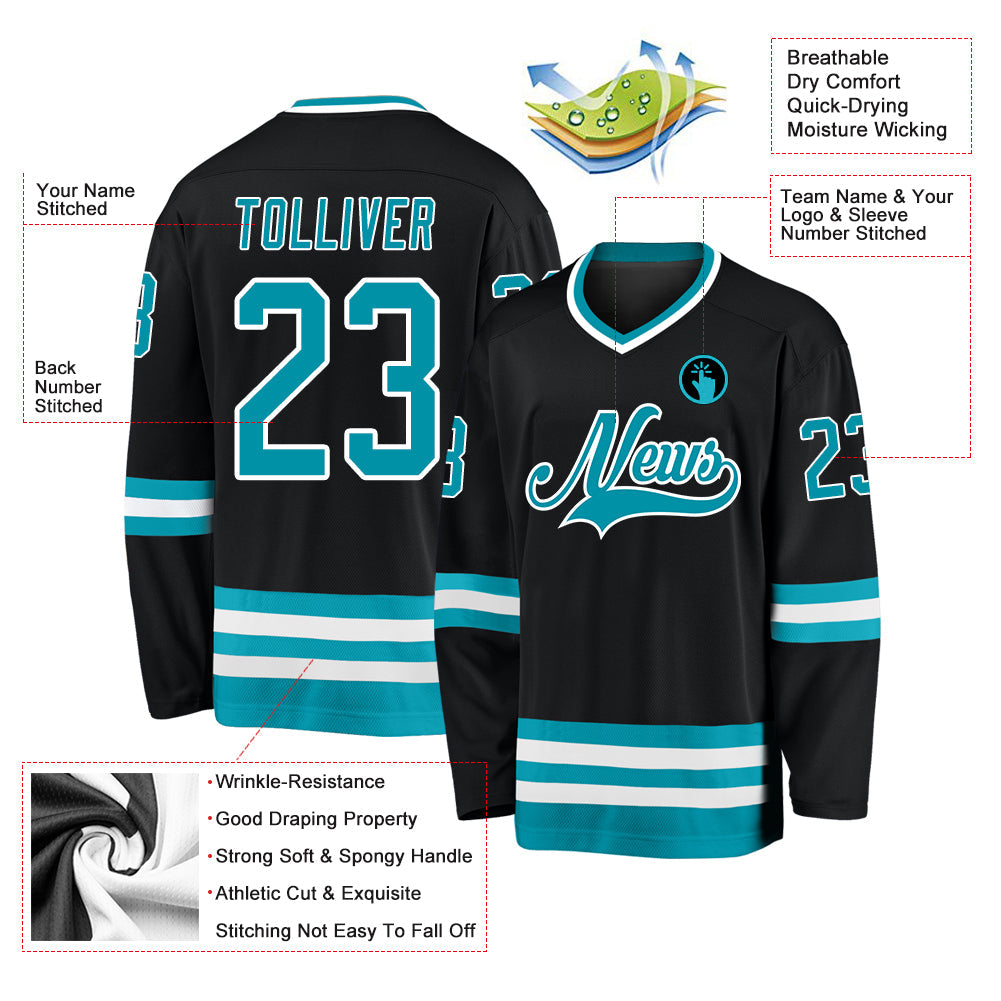 Custom Black Teal-White Hockey Jersey view 2