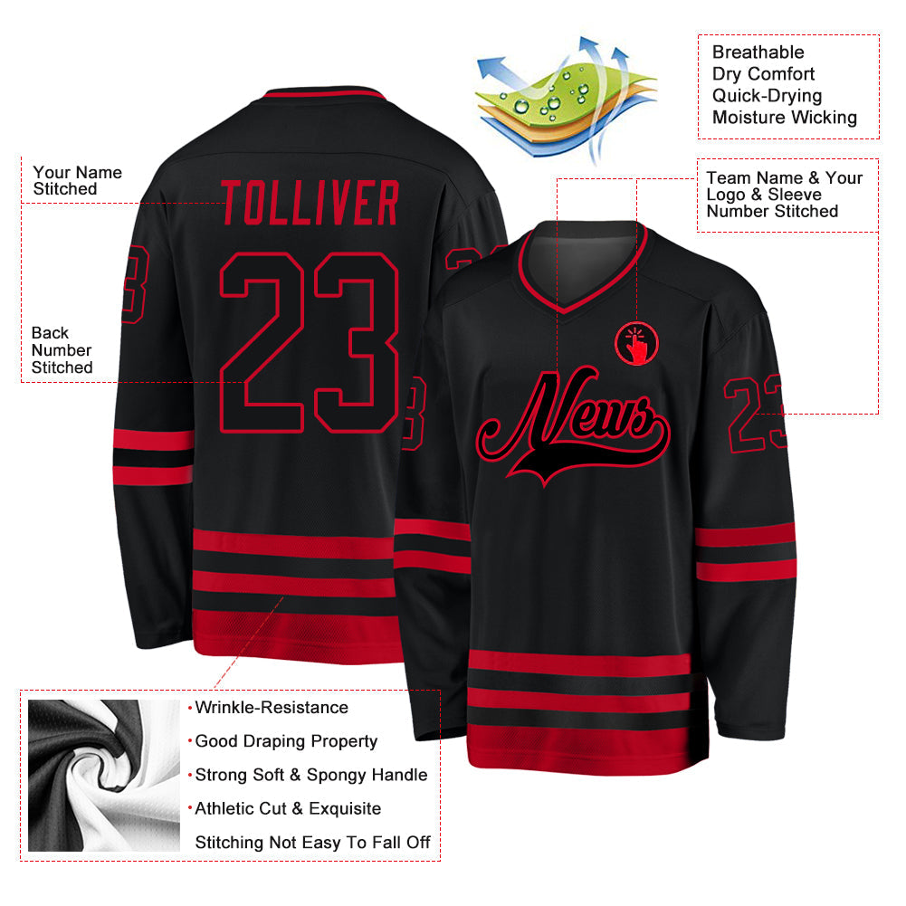Custom Black Black-Red Hockey Jersey view 2