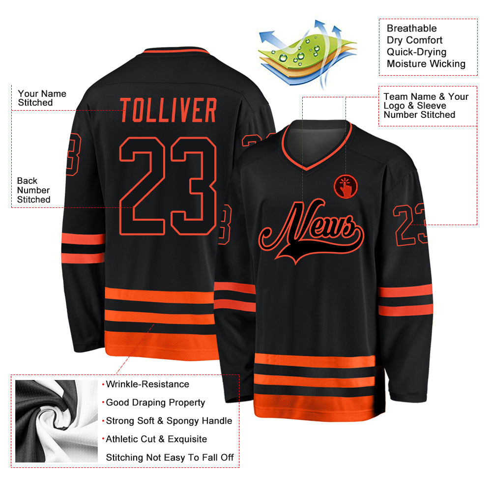 Custom Black Black-Orange Hockey Jersey view 2