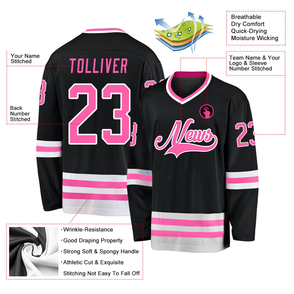 Custom Black Pink-White Hockey Jersey view 2