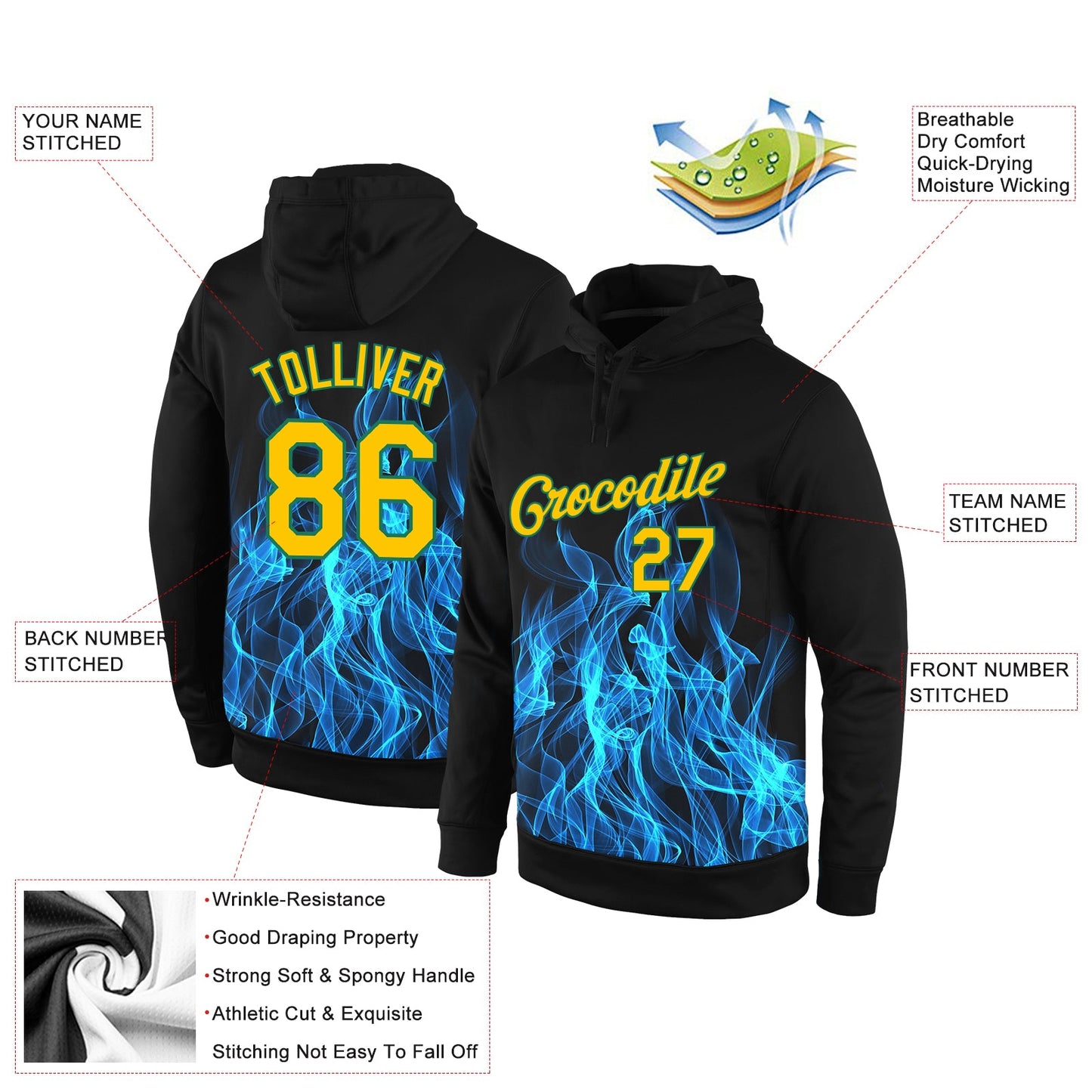 Custom Stitched Black Gold-Aqua 3D Pattern Design Flame Sports Pullover Sweatshirt Hoodie view 2