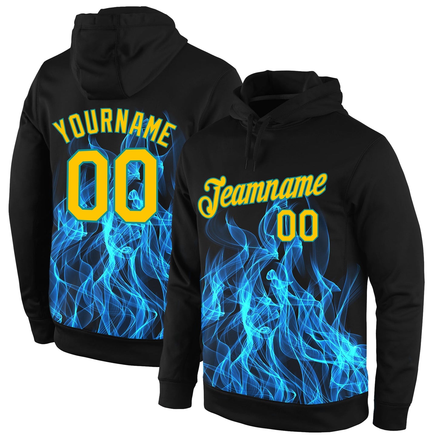 Custom Stitched Black Gold-Aqua 3D Pattern Design Flame Sports Pullover Sweatshirt Hoodie - Main View