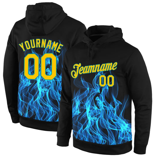 Custom Stitched Black Gold-Aqua 3D Pattern Design Flame Sports Pullover Sweatshirt Hoodie - Main View