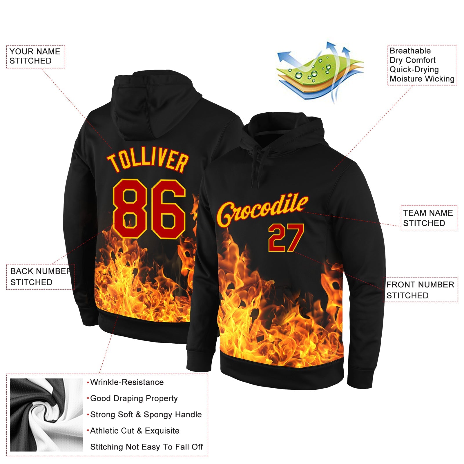 Custom Stitched Black Red-Gold 3D Pattern Design Flame Sports Pullover Sweatshirt Hoodie view 2