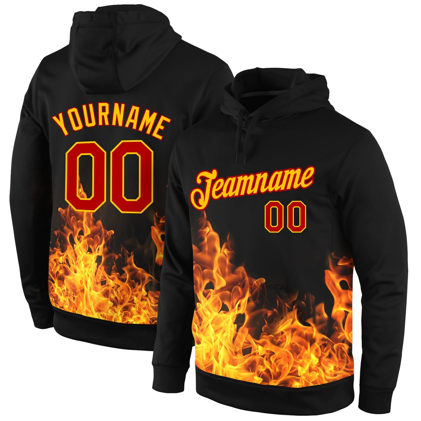 Custom Stitched Black Red-Gold 3D Pattern Design Flame Sports Pullover Sweatshirt Hoodie - Main View