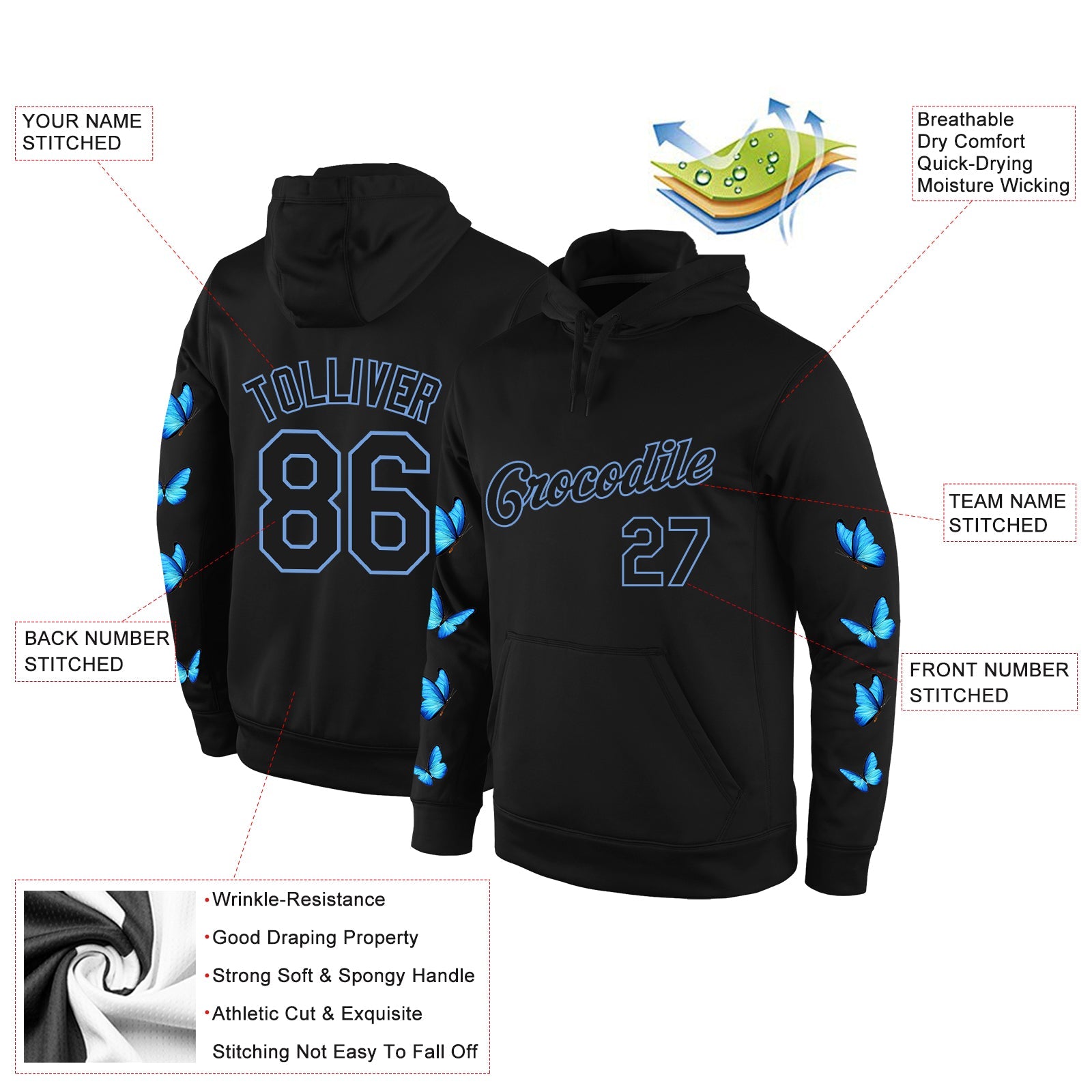 Custom Stitched Black Black-Light Blue 3D Pattern Design Butterfly Sports Pullover Sweatshirt Hoodie view 2