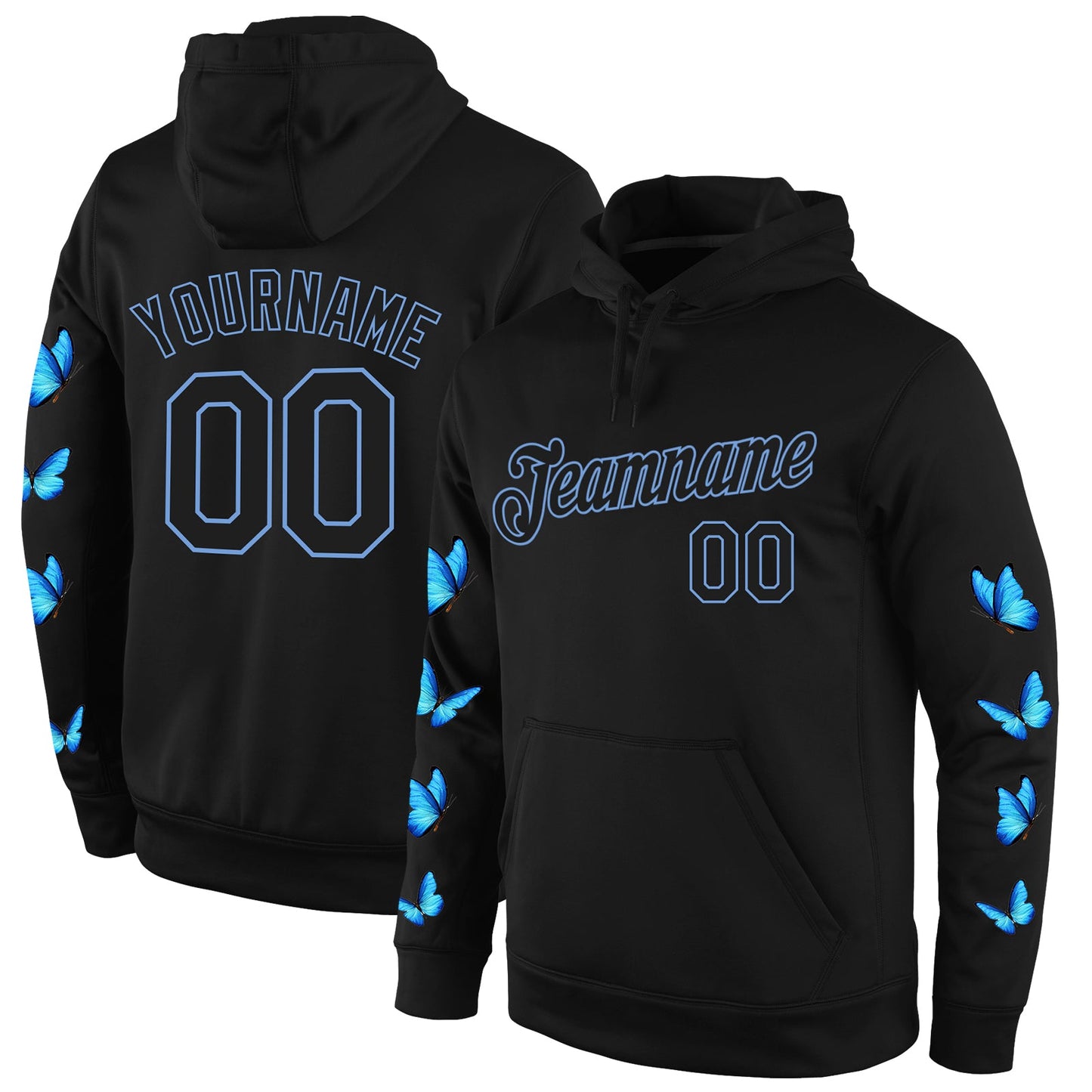 Custom Stitched Black Black-Light Blue 3D Pattern Design Butterfly Sports Pullover Sweatshirt Hoodie - Main View
