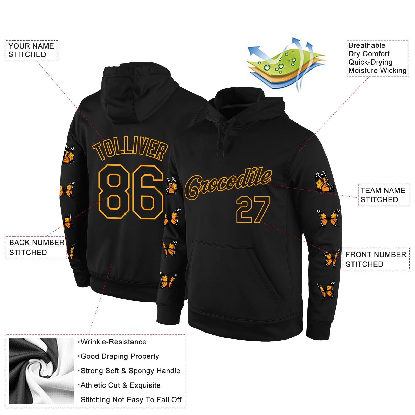 Custom Stitched Black Black-Gold 3D Pattern Design Butterfly Sports Pullover Sweatshirt Hoodie view 2