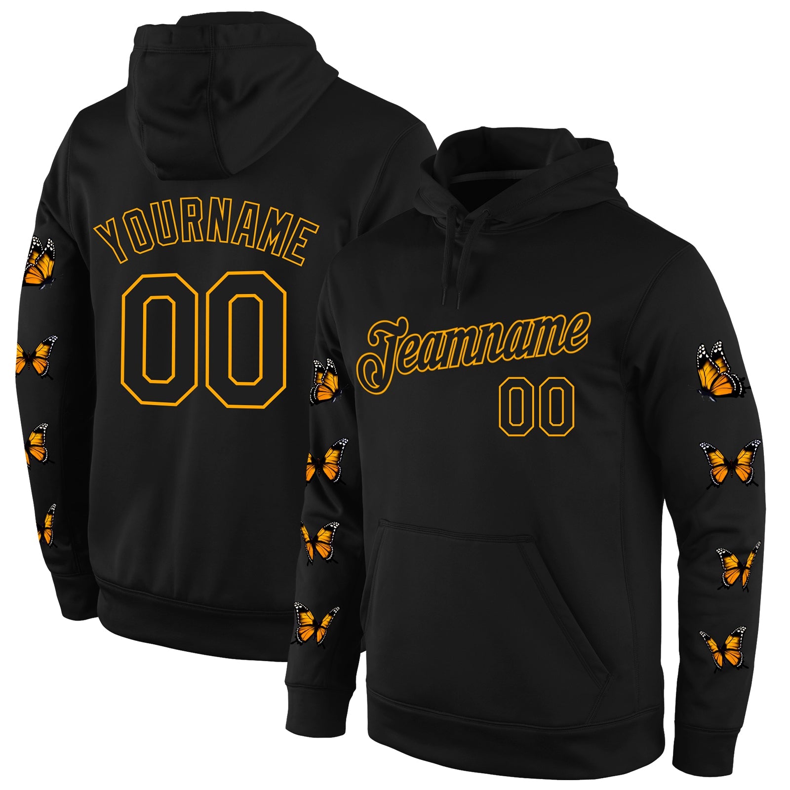 Custom Stitched Black Black-Gold 3D Pattern Design Butterfly Sports Pullover Sweatshirt Hoodie - Main View