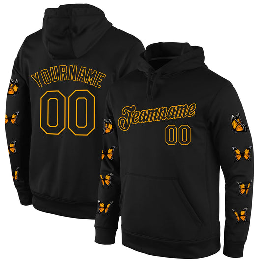 Custom Stitched Black Black-Gold 3D Pattern Design Butterfly Sports Pullover Sweatshirt Hoodie - Main View