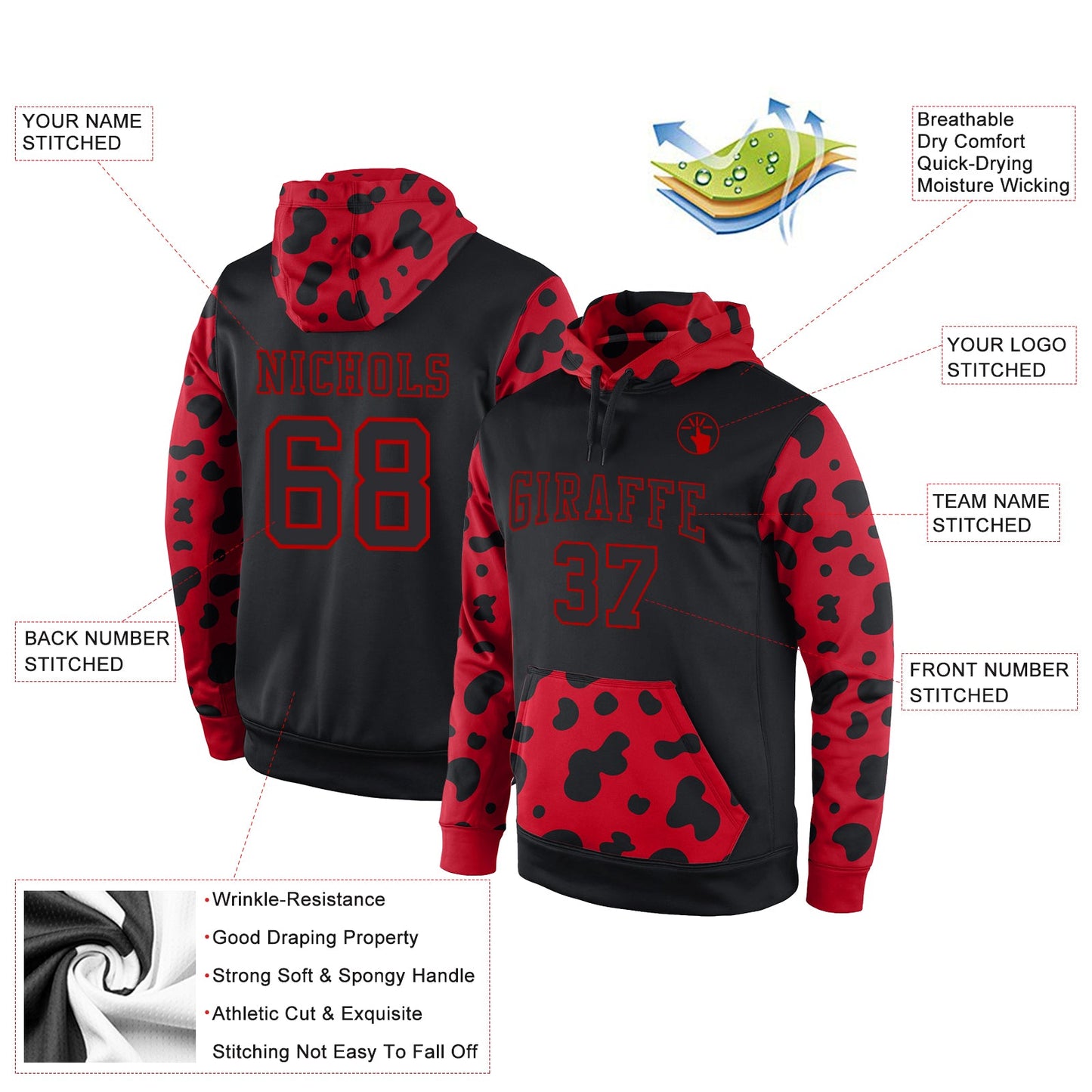 Custom Stitched Black Black-Red Sports Pullover Sweatshirt Hoodie view 2