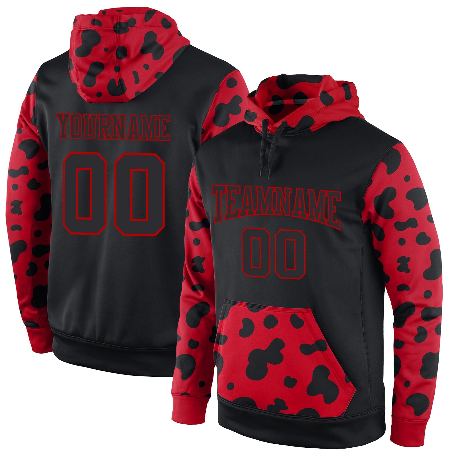 Custom Stitched Black Black-Red Sports Pullover Sweatshirt Hoodie - Main View