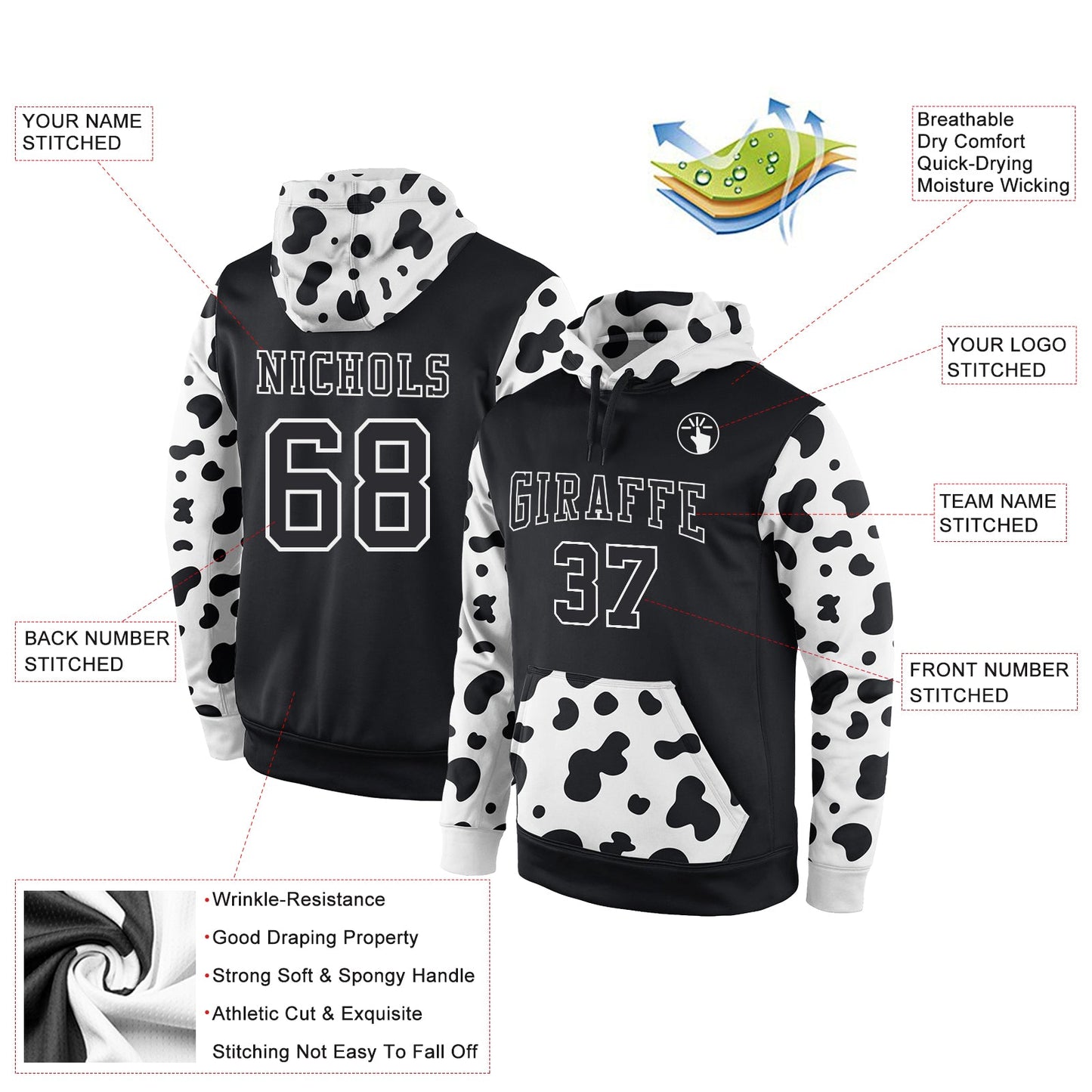 Custom Stitched Black Black-White Sports Pullover Sweatshirt Hoodie view 2