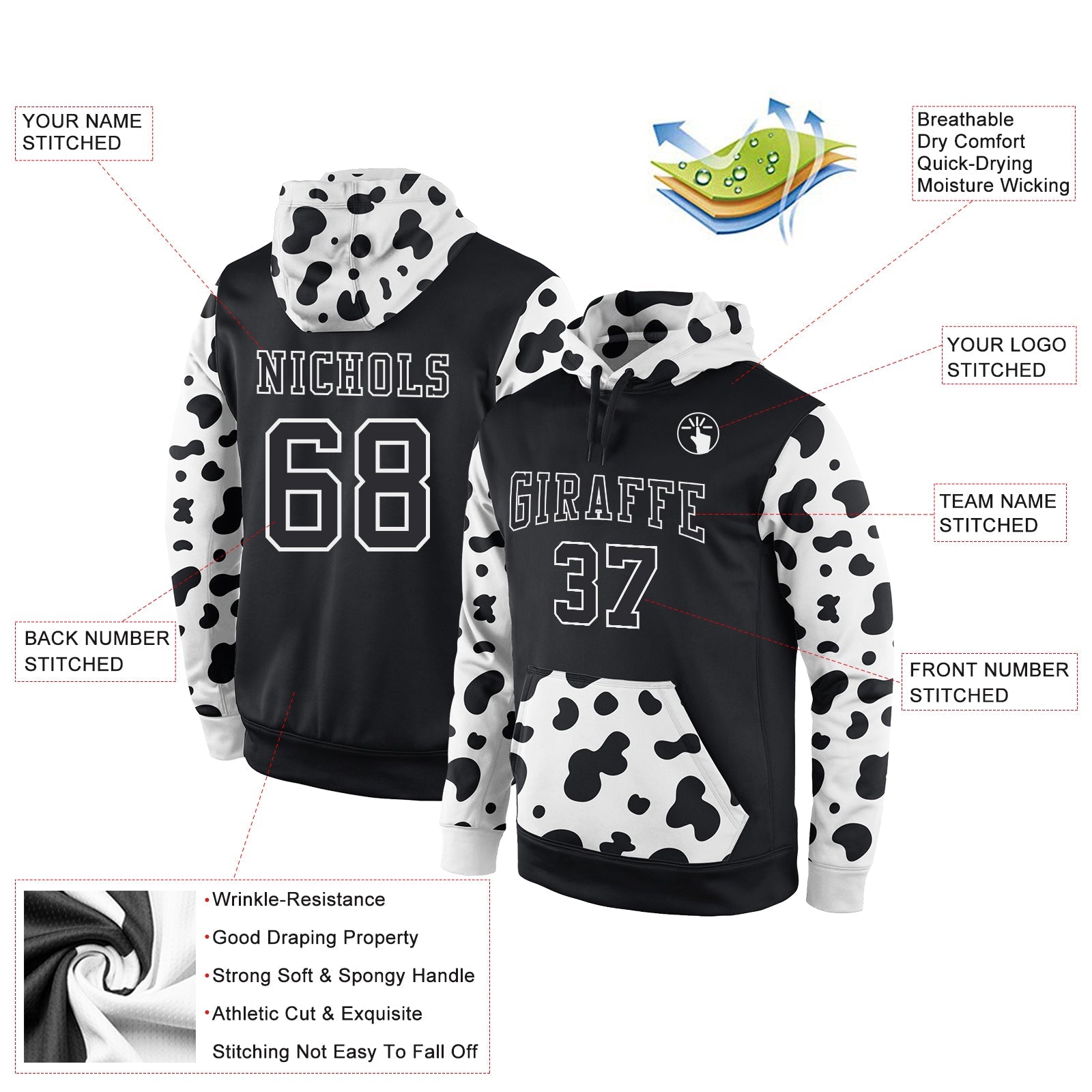 Custom Stitched Black Black-White Sports Pullover Sweatshirt Hoodie view 2