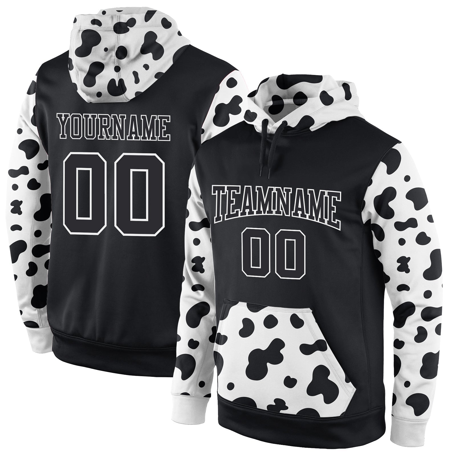 Custom Stitched Black Black-White Sports Pullover Sweatshirt Hoodie - Main View