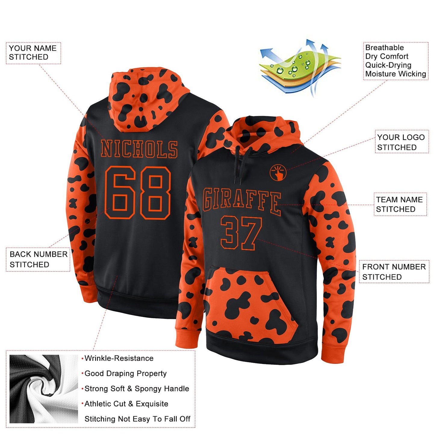 Custom Stitched Black Black-Orange Sports Pullover Sweatshirt Hoodie view 2