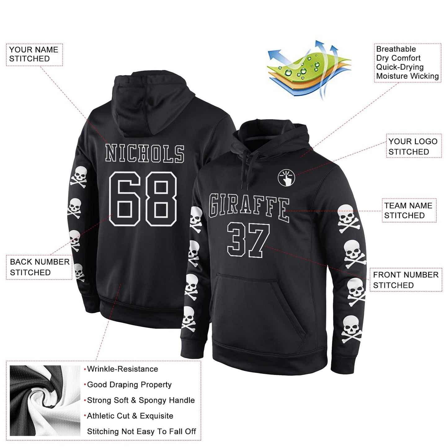 Custom Stitched Black Black-White 3D Skull Fashion Sports Pullover Sweatshirt Hoodie view 2