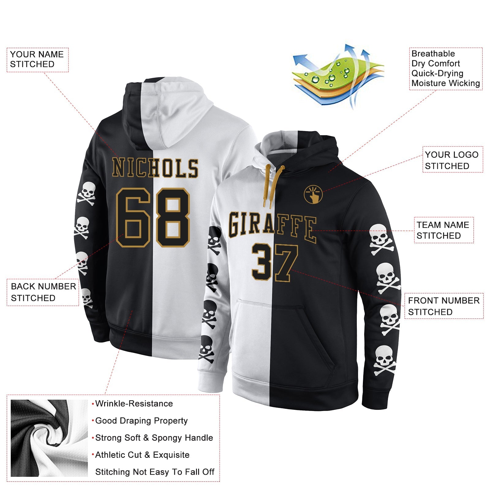 Custom Stitched Black Black-Old Gold 3D Skull Fashion Sports Pullover Sweatshirt Hoodie view 2