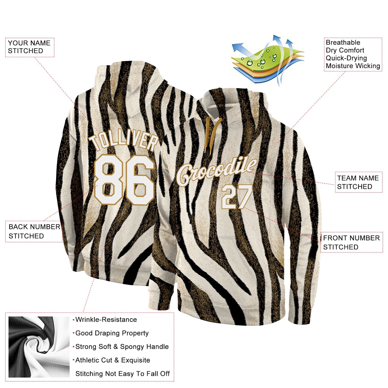 Custom Stitched Black White-Old Gold 3D Pattern Design Leopard Sports Pullover Sweatshirt Hoodie view 2